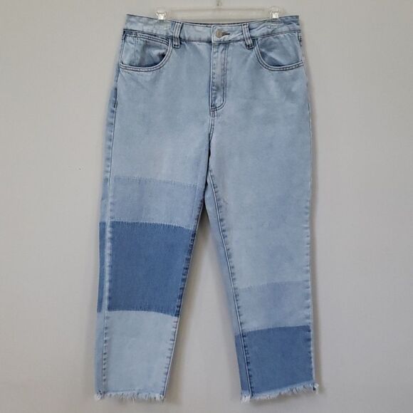 Rue 21 Jeans Womens sz 12 Patchwork Ombre Straight Crop Frayed Hem Denim - Picture 1 of 6